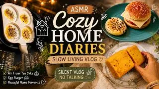 Thumbnail: Slow living ASMR Silent vlog | Egg burger breakfast ☕️ Tea Cake baking 🍰| Peaceful Aesthetic vlog