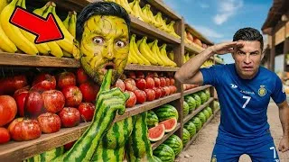 Thumbnail: T. Messi disguises as a fruit stand on N. Ronaldo’s farm, facing female assassin Jason Voorhees