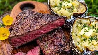 Thumbnail: Steak and Baked Potatoes on the Campfire | Relaxing Wilderness Cooking