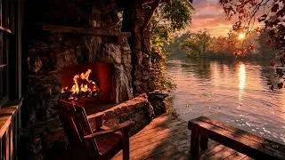 Thumbnail: 🔥 Stone Fireplace & Autumn Lake | Warm Sunset & Crackling Sounds 4K