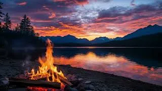 Thumbnail: Campfire & Mountain Lake Reflection at Sunset | Crackling Sounds for Heavy Sleep