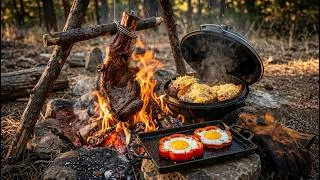 Thumbnail: Garlic BUTTER Fire-Hung Tomahawk STEAK & Stuffed Sweet Potatoes | Outdoor ASMR
