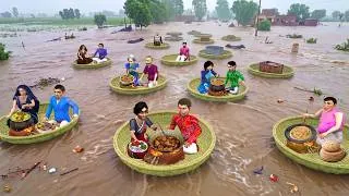 Thumbnail: Heavy Rain Floods Rescue Village Cooking in Bamboo Boats Hindi Kahani Moral Stories Comedy Video