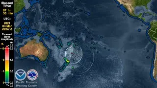 Thumbnail: Tsunami Forecast Model Animation:  Three Tsunamis in One Day From the Tonga-Kermadec Subduction Zone