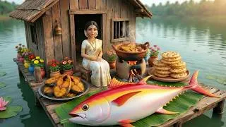 Thumbnail: Miniature Doll BIG TUNA FISH Cooking ASMR | Floating House Indian Village Tiny Kitchen Story