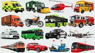 Thumbnail: Transport Vehicles for Kids | 20 Vehicle Names in English | Bus, Ambulance, Fire Truck, Police Car
