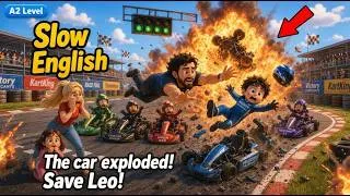 Thumbnail: A Dangerous Crash at the Race Track | Slow English Listening Practice for Beginners (A2 Level)
