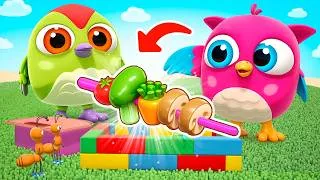 Thumbnail: Birds Pretend to Play Grilling Toy Vegetables on a Toy Grill