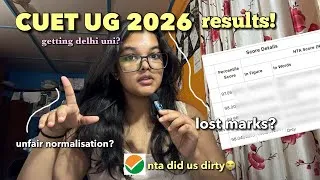 Thumbnail: my *CUET UG* 2026 result😭😭 disappointed at nta🥲 normalisation? Delhi university cut offs? dream clg?