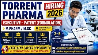 Thumbnail: Torrent Pharma Recruitment 2026|Executive Patent (Formulation) Vacancy|M.Pharm M.Sc Jobs|Gandhinagar