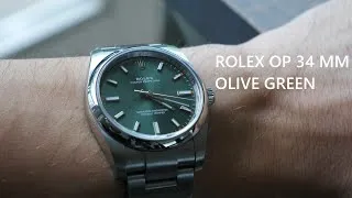 Thumbnail: Rolex Oyster Perpetual (OP) 34mm Olive Green (114200) Close Up 4K