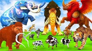 Thumbnail: 3 Giant Elephant Cow Vs 3 Hybrid Rhino Monster Lion Vs 5 Zombie Tiger Bull Saved By Woolly Mammoth