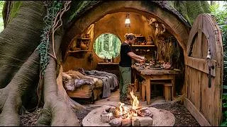 Thumbnail: Man Builds a Complete Warm Tree Trunk Shelter by Hand | Solo Bushcraft Full Movie