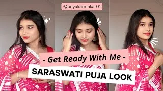 Thumbnail: 👉 “Get Ready With Me | Saraswati Puja Look 🌼✨ | Simple Makeup & Saree” 🤗