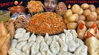 Thumbnail: STREET FOOD CHALLENGE 🥵 SAMOSA, SPICY PANIPURI, MOMO, VEG KABAB ROLL, MANCHURIAN EATING 🌶️😋