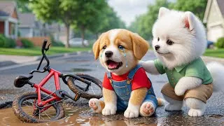 Thumbnail: Baby Puppy Falls into a Dangerous Road Hole 🚲💥Two Little Dogs Team Up to Make the Road Safe Again 🐶🪨
