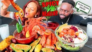 Thumbnail: 2X SPICY SEAFOOD BOIL MUKBANG VS HEALTH SALAD MUKBANG CHALLENGE | QUEEN BEAST & HUSBAND