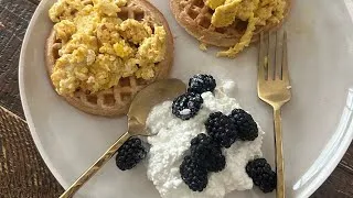 Thumbnail:  Brunch at home ( waffles, eggs, cottage cheese, berries)#protein 