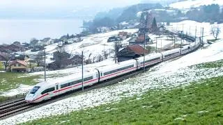 Thumbnail: Swiss Trains by a Snowy Lake! Re 460, ICE & GoldenPass Express Near Spiez