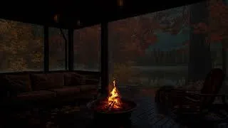Thumbnail: 🔥 NO ADS | Cozy Autumn Porch with Crackling Fire 🔥 Rainy Forest Ambience for Deep Sleep