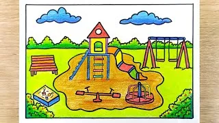Thumbnail: Easy Park Drawing for Kids | Playground Scenery Drawing with Oil Pastels | Children's Park Drawing