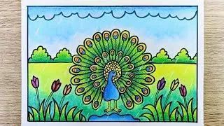 Thumbnail: Peacock Dancing in Rain Drawing | Easy Rainy Season Scenery Drawing | Dancing peacock drawing 