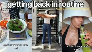 Thumbnail: get back into routine with me 🌱 | 8am productive morning routine, 15k steps, cooking & hair routine 