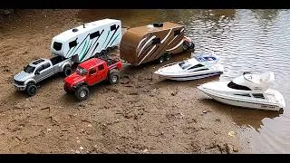 Thumbnail: Rc BOAT LAUNCH,TRAILER CAMPER TOWED BY A RC CEN FORD RACING F450 DUALY & AXIAL JEEP.