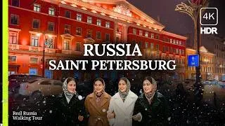 Thumbnail: ❄️ First Snow Falls on Saint Petersburg ❤️ Walking Tour /  Evening City Lights Reflecting 4K