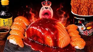 Thumbnail: ASMR GIANT SALMON SUSHI with BULDAK SAUCE & SPICY CHICKEN NOODLES 🔥🍣 MUKBANG
