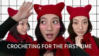 Thumbnail: CROCHET WITH ME FOR THE FIRST TIME ✨🎀|| CHAOS AND TURMOIL ENSUE. crochet a cat scarf with me lol 🧣