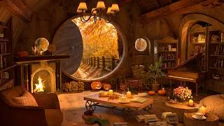 Thumbnail: Pumpkin Glow & Autumn Rain at Hobbit Café 🎃 Background Jazz Music for Sleep, Work & Study