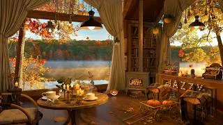 Thumbnail: 4K Peaceful Lakeside Café ☕ Warm Fireplace & Background Jazz Music for Work, Study and Relaxation