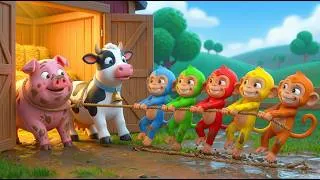 Thumbnail: Five Little Monkeys Stealing Food at Old MacDonald’s Farm! 😱 Animals Are Shocked!