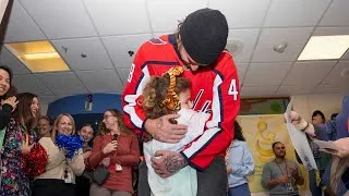 Thumbnail: Logan Thompson surprises Sutton, a 7-year-old cancer patient, at bell-ringing ceremony
