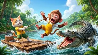 Thumbnail: Monyet & Kucing Memancing di Sungai, Tiba-Tiba Buaya Menyerang! 😱🐊