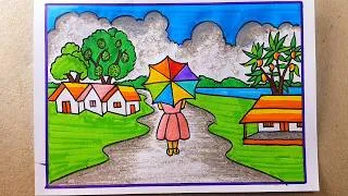 Thumbnail: Easy Cloudy Day Village Scenery Drawing Tutorial | Beautiful Rainy Season Nature Drawing