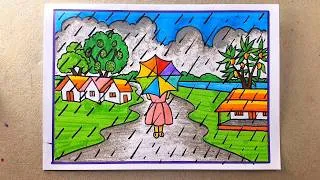 Thumbnail: Village Rain Drawing Easy | How to Draw Rainy Season Scenery