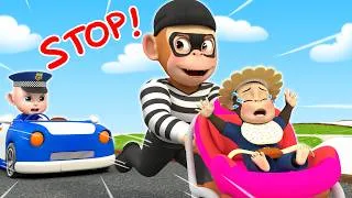 Thumbnail: Police Rob Stops the Bad Monkey Thief🚨! Baby Rescue Adventure! 👶🚔| Rosoo Nursery Rhymes & Kids Songs