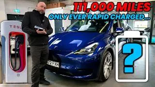 Thumbnail: 111,000 miles and ONLY EVER SUPERCHARGED? High-mileage Tesla Model Y battery test & condition