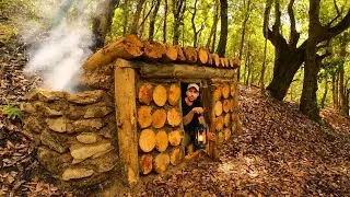 Thumbnail: Building a Secret dugout Forest log shelter with fallen trees, Bushcraft, Survival