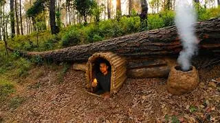 Thumbnail: Building a secret Dugout Cave shelter with heavy Fallen tree, Bushcraft, Survival