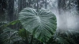 Thumbnail: Fall Asleep Fast 🌧️ Heavy Rain on Giant Tropical Leaves in a Dark Misty Jungle (1 Hour)