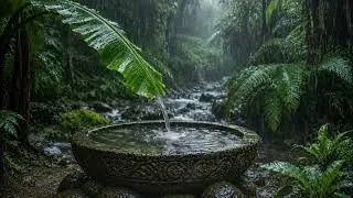 Thumbnail: Fall Asleep Fast 🌧️ Heavy Rain on Tropical Leaves & Stone Basin ASMR for Deep Sleep (1 Hour)