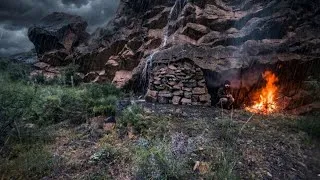 Thumbnail: Caught in Heavy Rain and Thunder: Building a Warm, Cozy Stone Shelter for Survival in the Storm