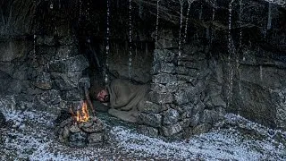 Thumbnail: Caught in Heavy Rain & Thunder | Building a Survival Shelter with Fireplace/asmr bushcraft