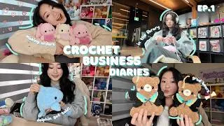 Thumbnail: crocheting at a library, restocking stickers & packing orders 🐰💗| crochet business diaries ep.1