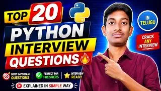 Thumbnail: Top 24 Python Interview Questions 🔥 | Most Important Questions for Freshers | Telugu