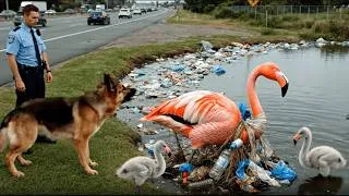 Thumbnail: Mother flamingo rescued from plastic waste on highway next to dirty lake
