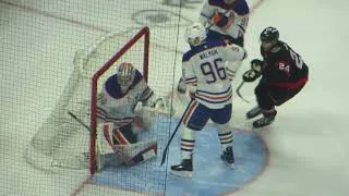 Thumbnail: Stuart Skinner in action during the Oilers @ Senators hockey game